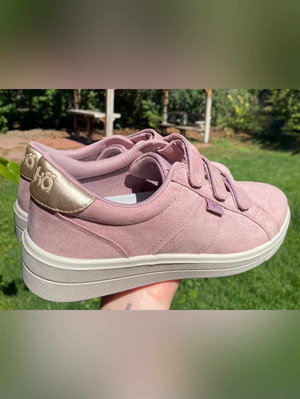 Ryka Dusty Pink/Purple Velcro Faux Suede Sneakers with Gold Accent